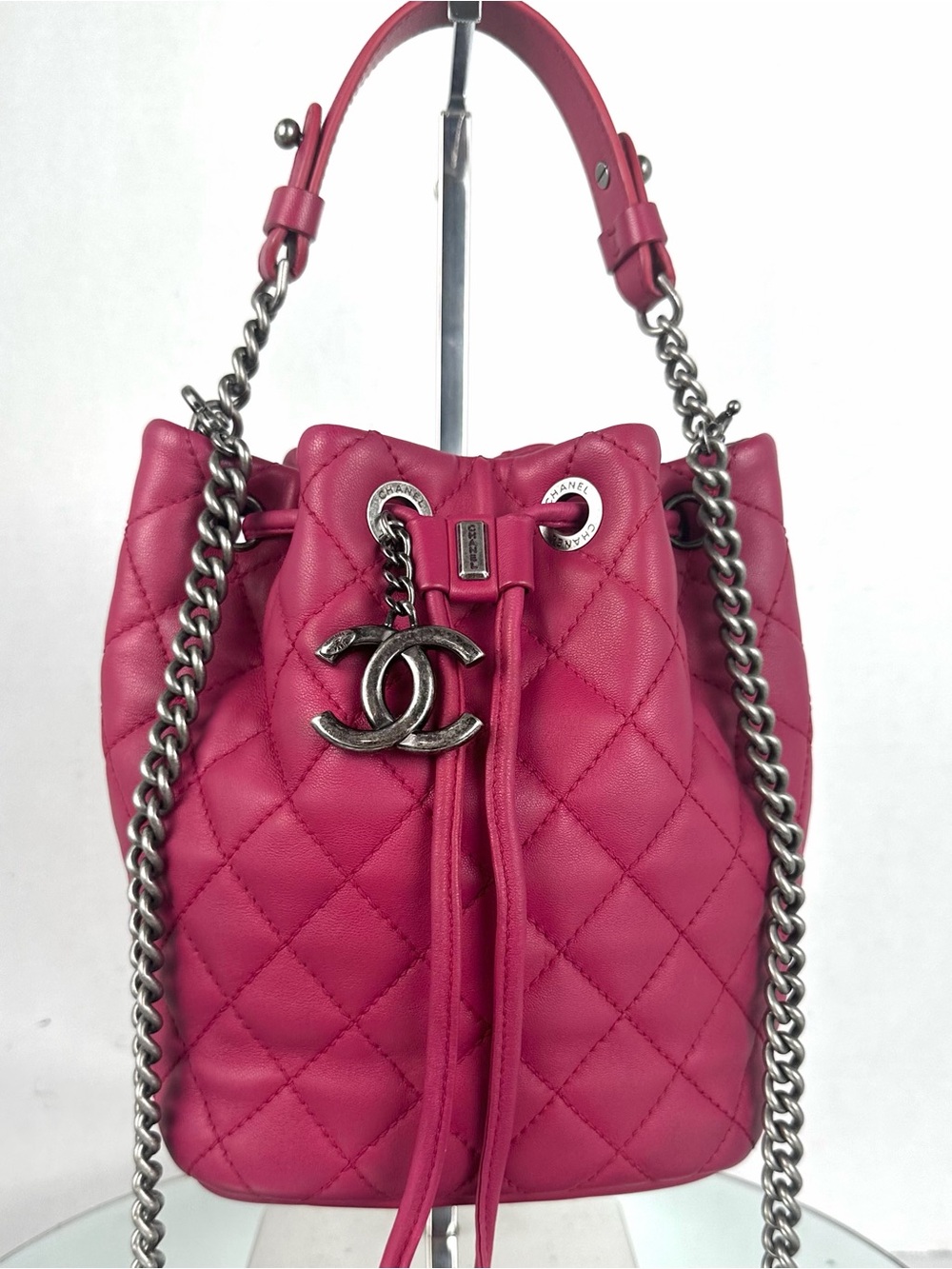 CHANEL Drawstring Bucket Bag – Pink Lambskin Quilted Leather Ruthenium Hardware